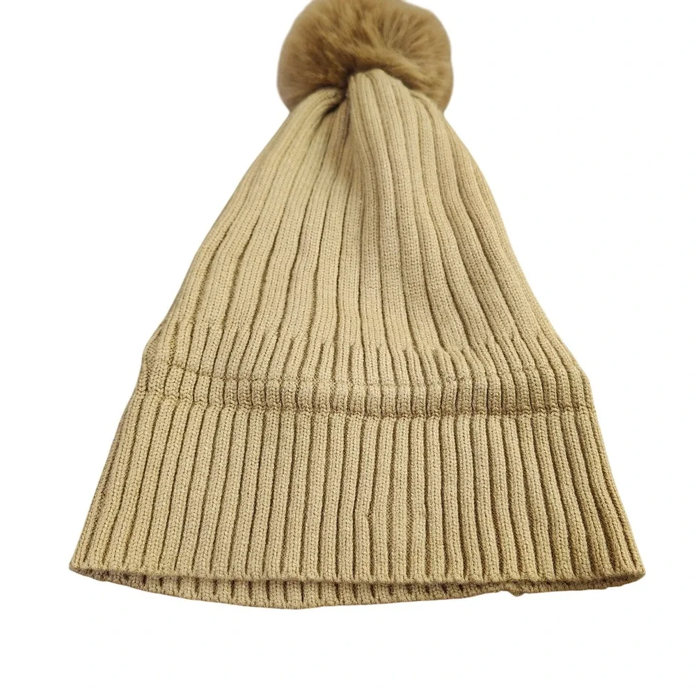 Michael Kors Faux Fur fleece-lined Pom Beanie Hat Winter Knit Cap Gold Logo Warm